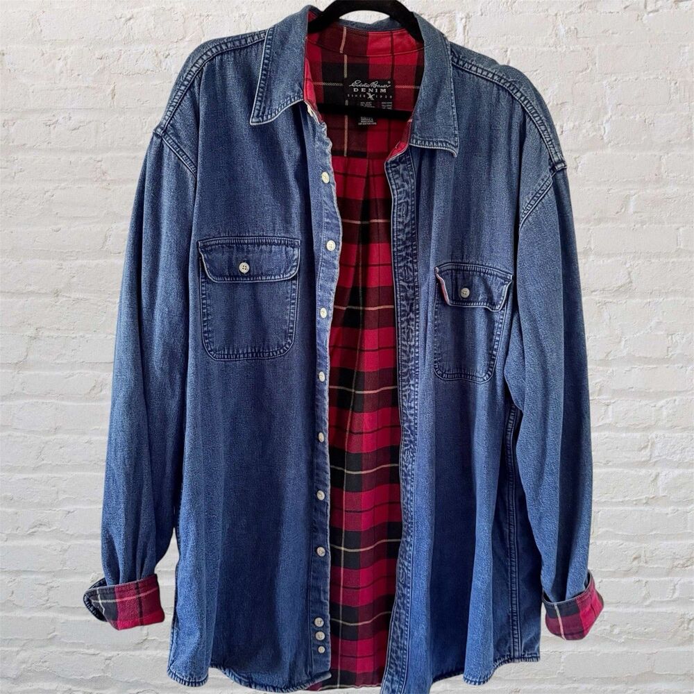Eddie Bauer Shacket Jacket Denim Flannel Plaid Lined Men’s XLT Tall Vtg 90s READ